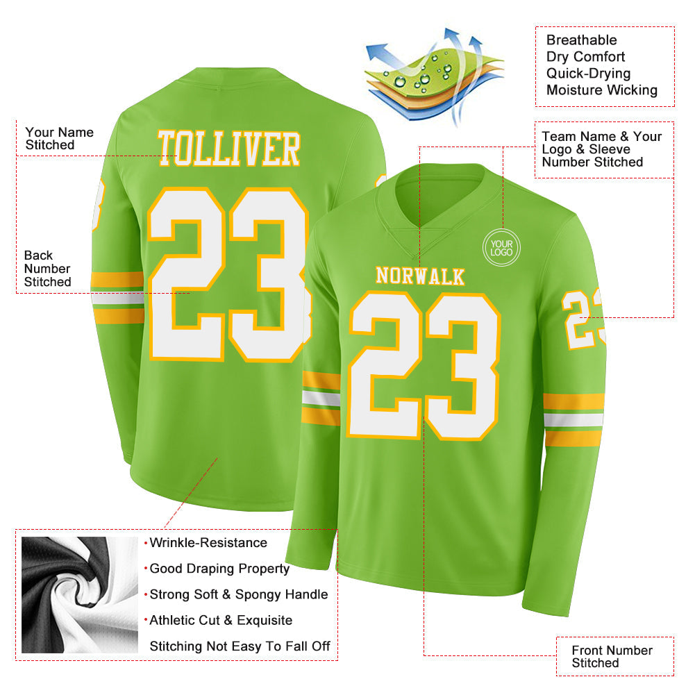 Custom Neon Green White-Gold Long Sleeve Authentic Football Jersey view 2