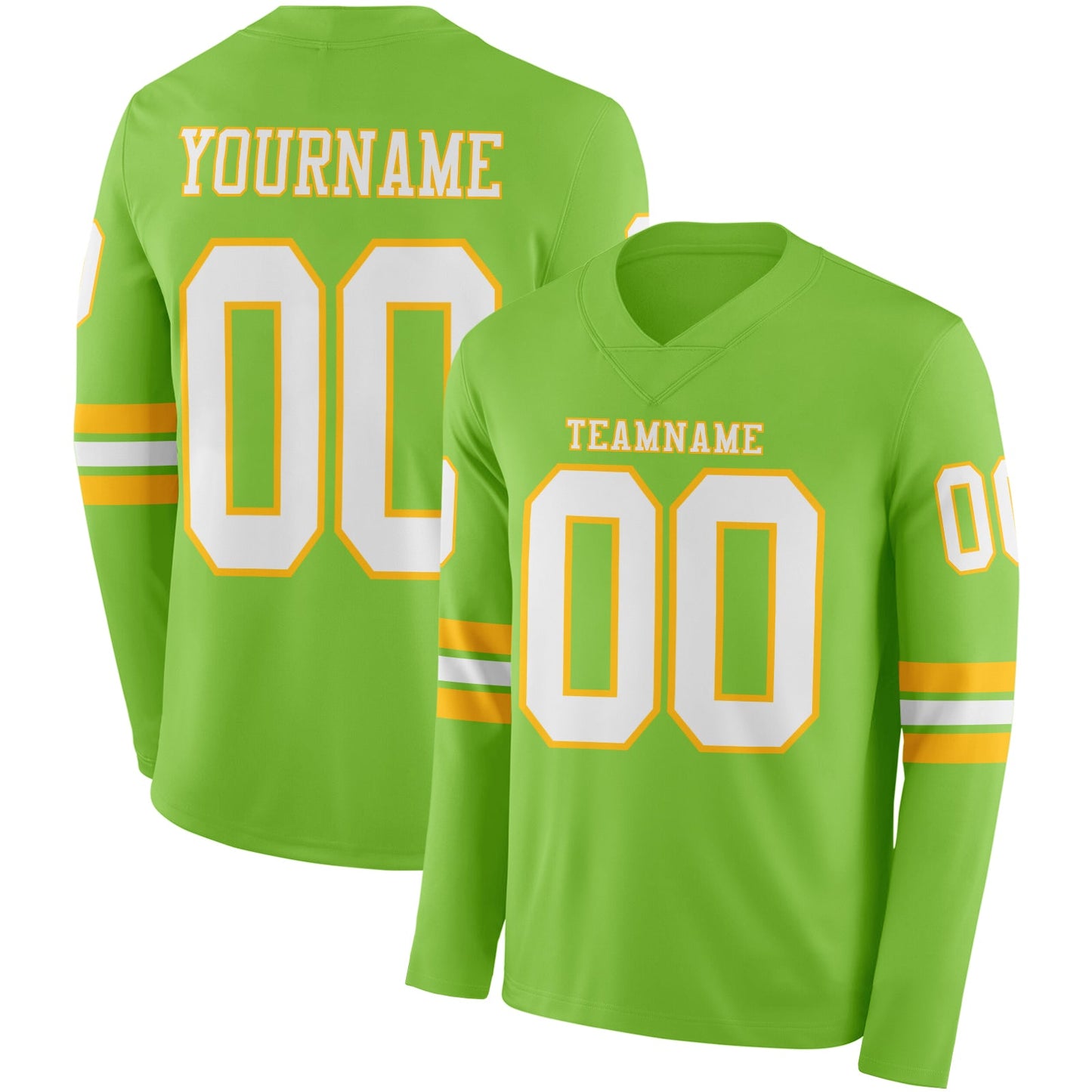 Custom Neon Green White-Gold Long Sleeve Authentic Football Jersey - Main View
