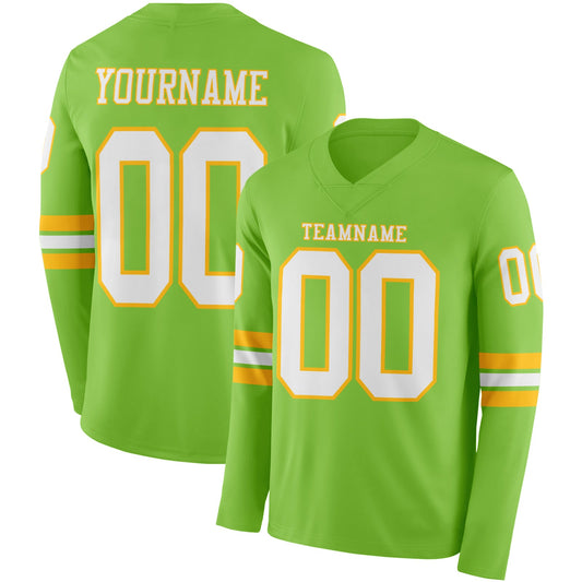 Custom Neon Green White-Gold Long Sleeve Authentic Football Jersey - Main View