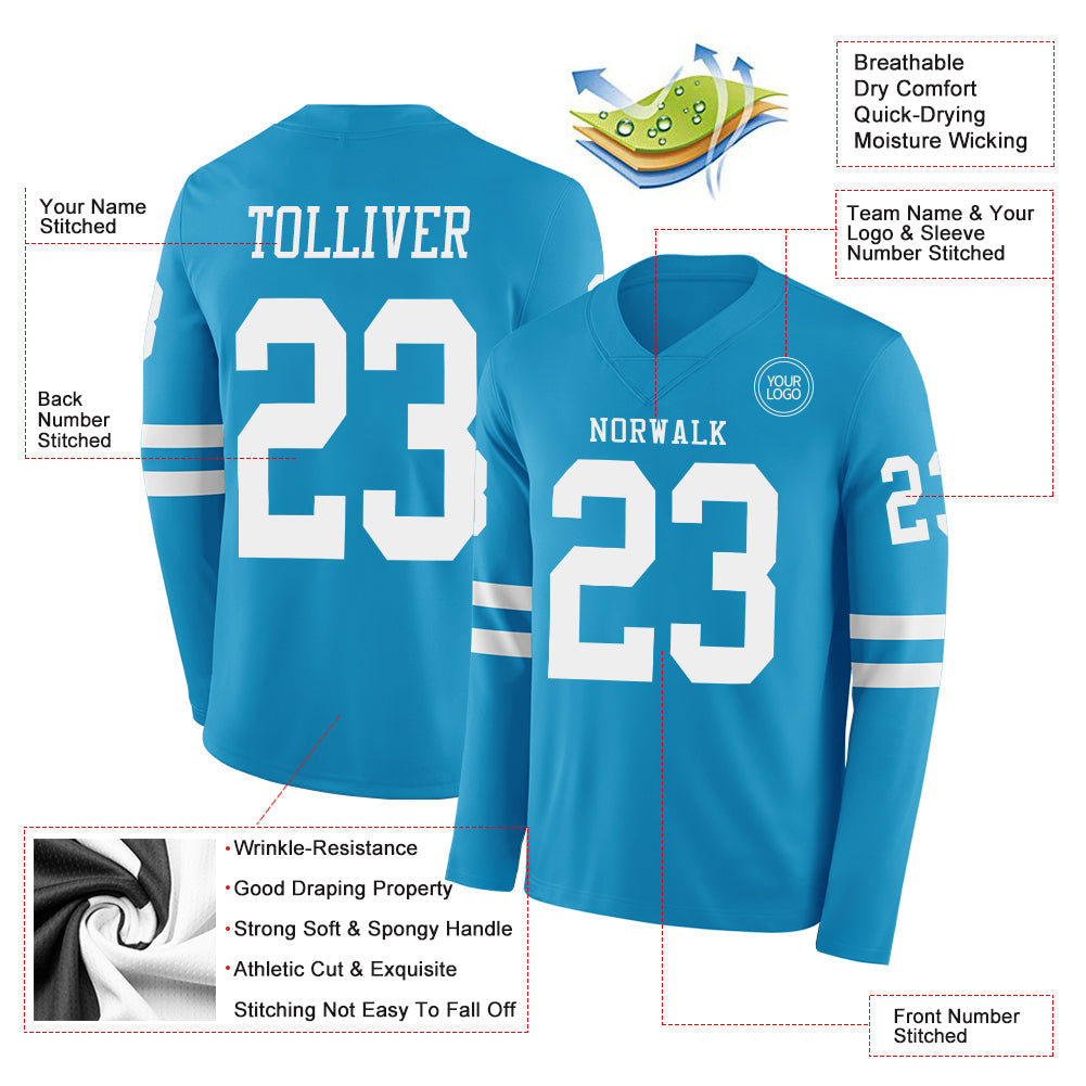 Custom Panther Blue White Long Sleeve Authentic Football Jersey view 2