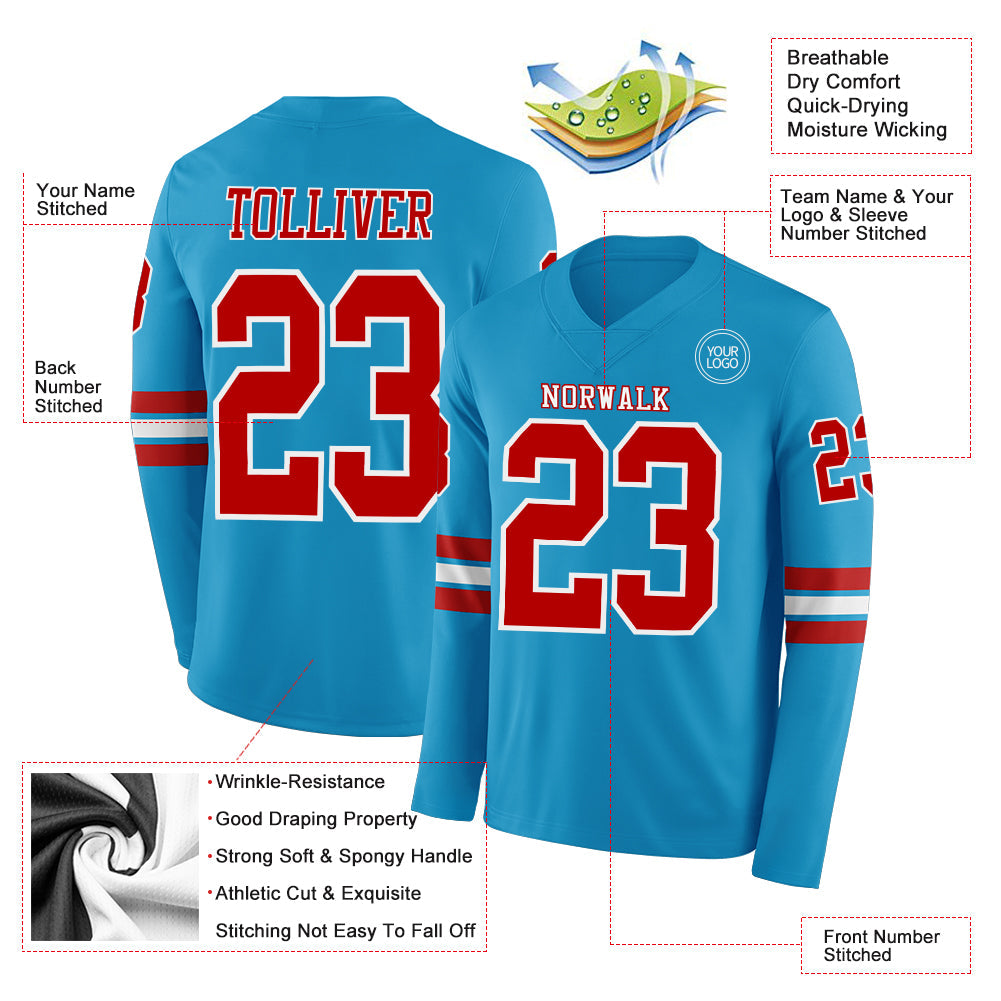 Custom Panther Blue Red-White Long Sleeve Authentic Football Jersey view 2