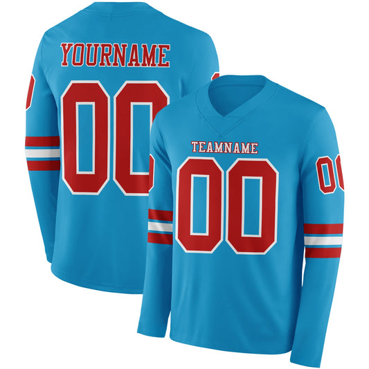 Custom Panther Blue Red-White Long Sleeve Authentic Football Jersey - Main View