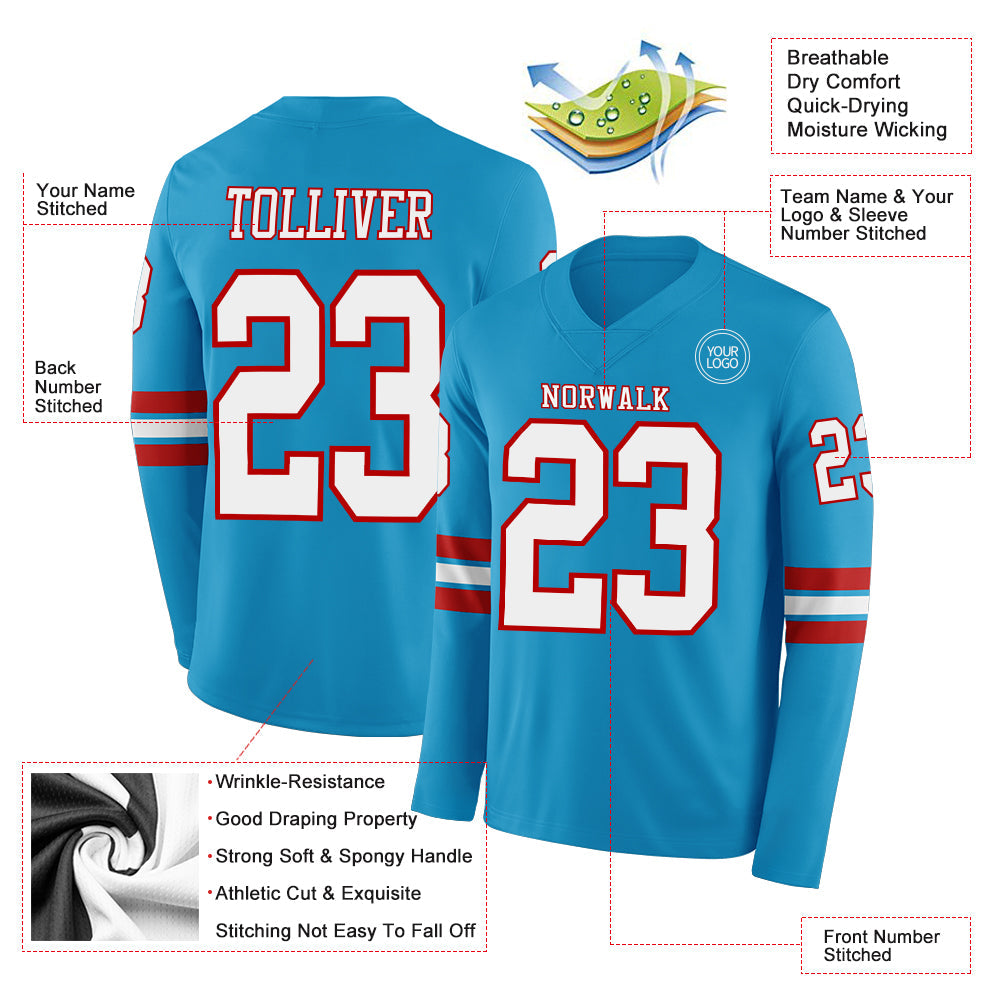 Custom Panther Blue White-Red Long Sleeve Authentic Football Jersey view 2