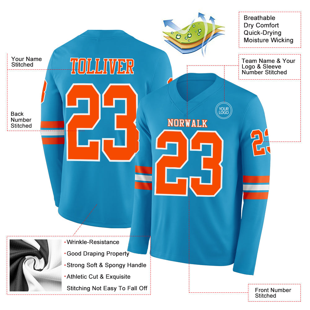 Custom Panther Blue Orange-White Long Sleeve Authentic Football Jersey view 2