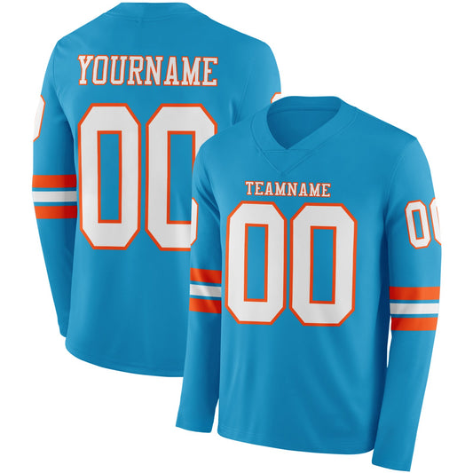 Custom Panther Blue White-Orange Long Sleeve Authentic Football Jersey - Main View