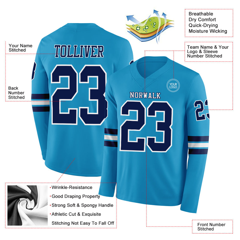 Custom Panther Blue Navy-White Long Sleeve Authentic Football Jersey view 2