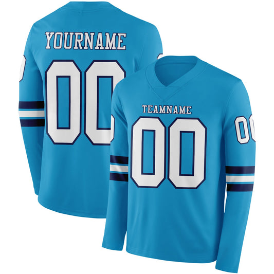 Custom Panther Blue White-Navy Long Sleeve Authentic Football Jersey - Main View