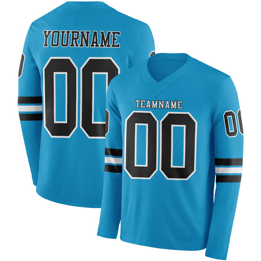 Custom Panther Blue Black-White Long Sleeve Authentic Football Jersey - Main View