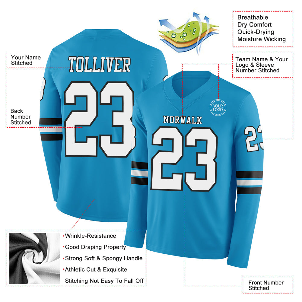 Custom Panther Blue White-Black Long Sleeve Authentic Football Jersey view 2