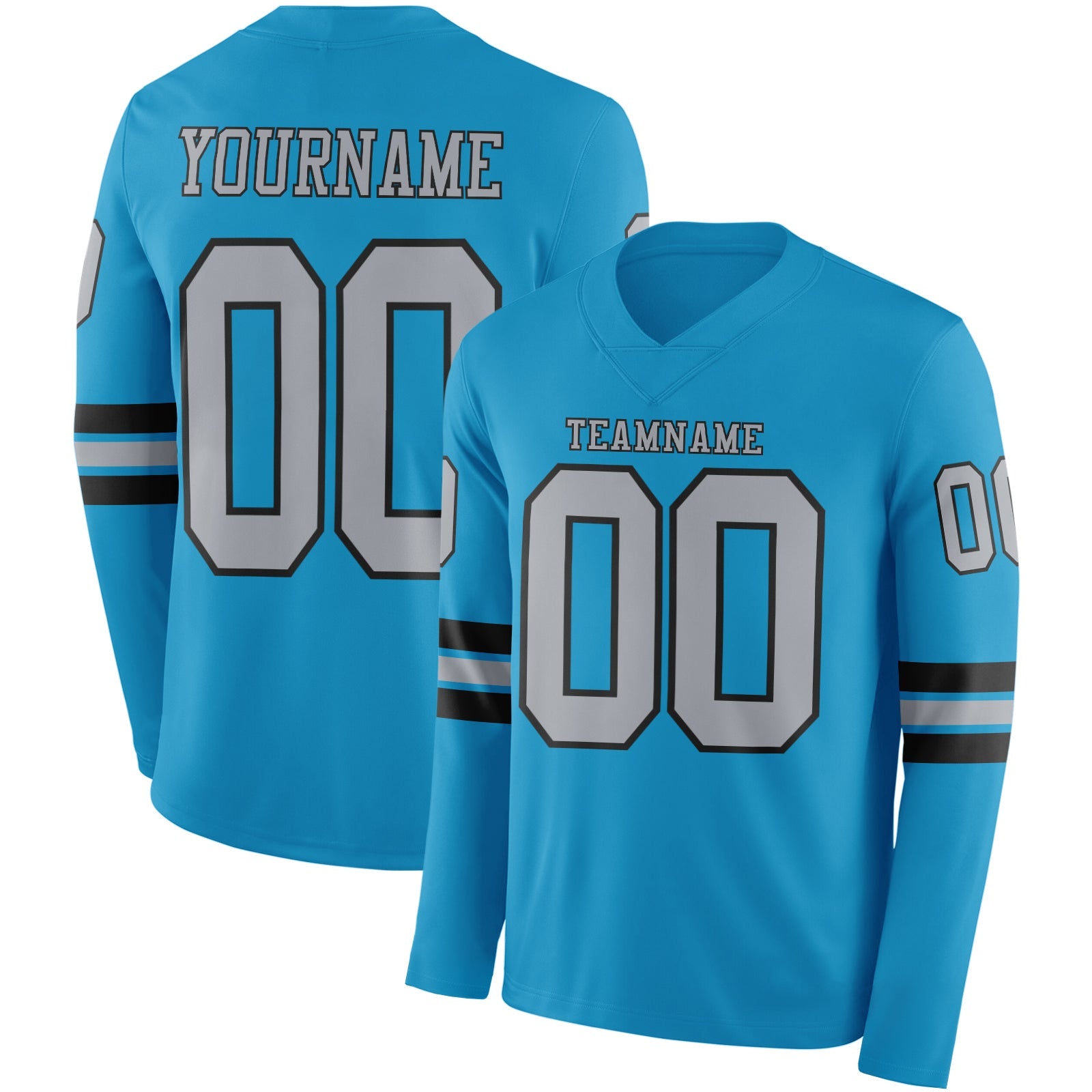 Custom Panther Blue Gray-Black Long Sleeve Authentic Football Jersey - Main View
