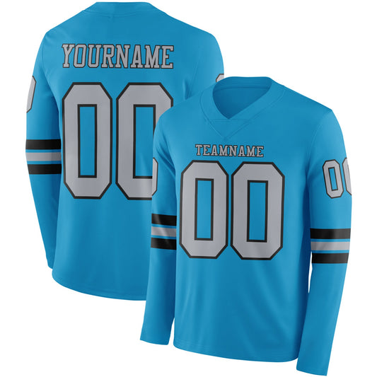 Custom Panther Blue Gray-Black Long Sleeve Authentic Football Jersey - Main View