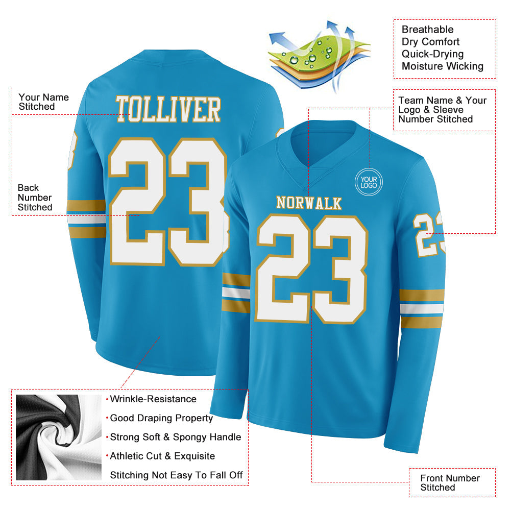 Custom Panther Blue White-Old Gold Long Sleeve Authentic Football Jersey view 2