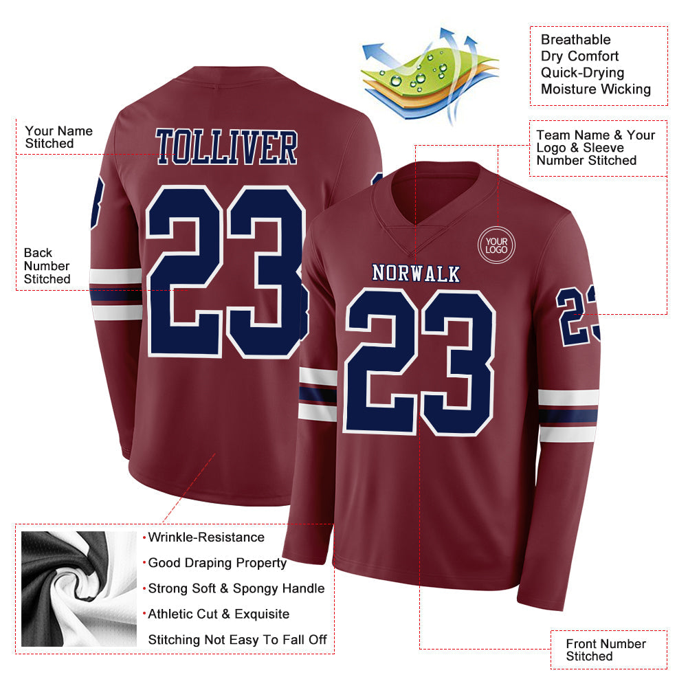 Custom Burgundy Navy-White Long Sleeve Authentic Football Jersey view 2