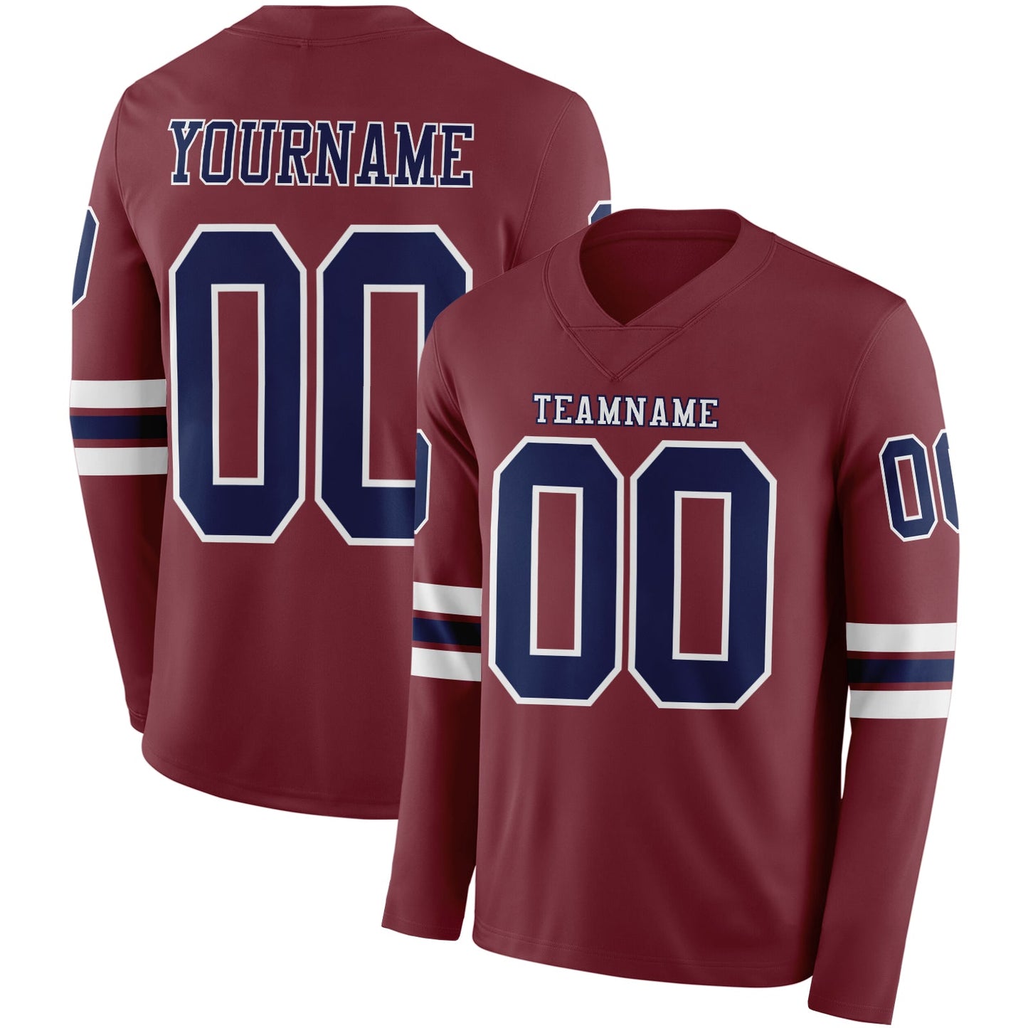Custom Burgundy Navy-White Long Sleeve Authentic Football Jersey - Main View