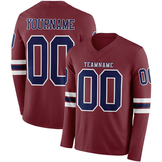 Custom Burgundy Navy-White Long Sleeve Authentic Football Jersey - Main View