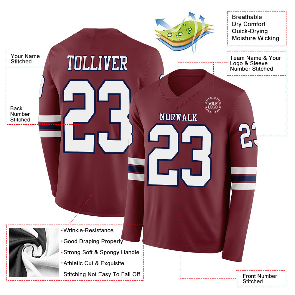 Custom Burgundy White-Navy Long Sleeve Authentic Football Jersey view 2