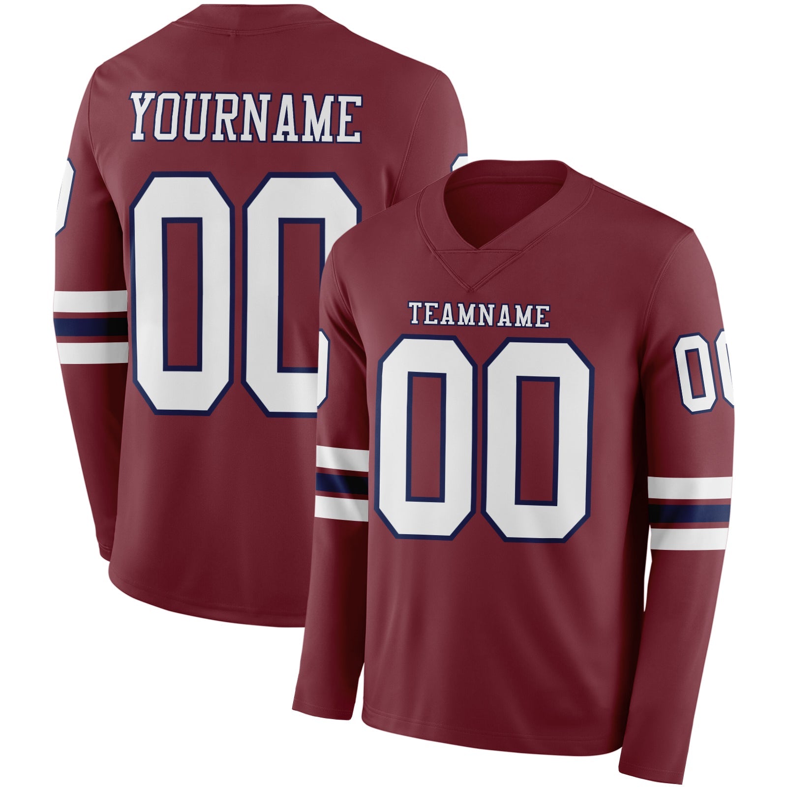 Custom Burgundy White-Navy Long Sleeve Authentic Football Jersey - Main View