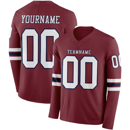 Custom Burgundy White-Navy Long Sleeve Authentic Football Jersey - Main View