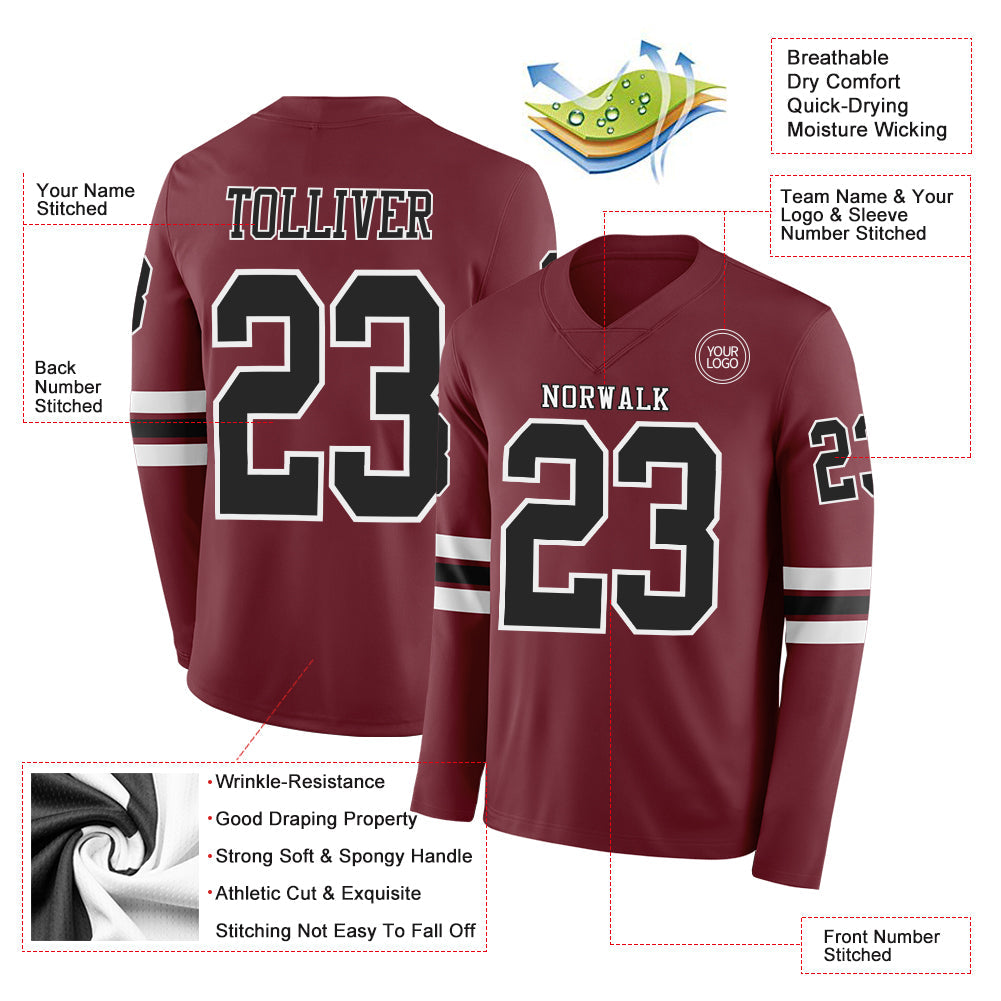 Custom Burgundy Black-White Long Sleeve Authentic Football Jersey view 2