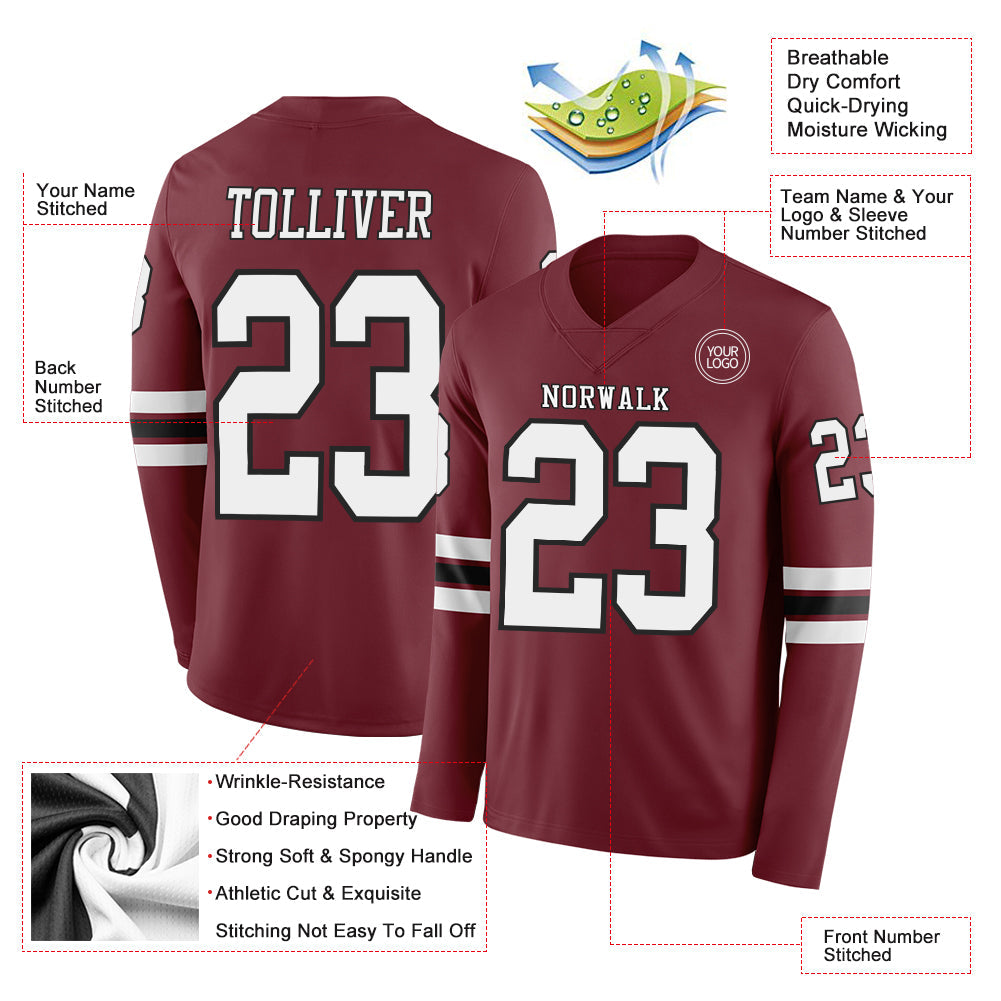 Custom Burgundy White-Black Long Sleeve Authentic Football Jersey view 2