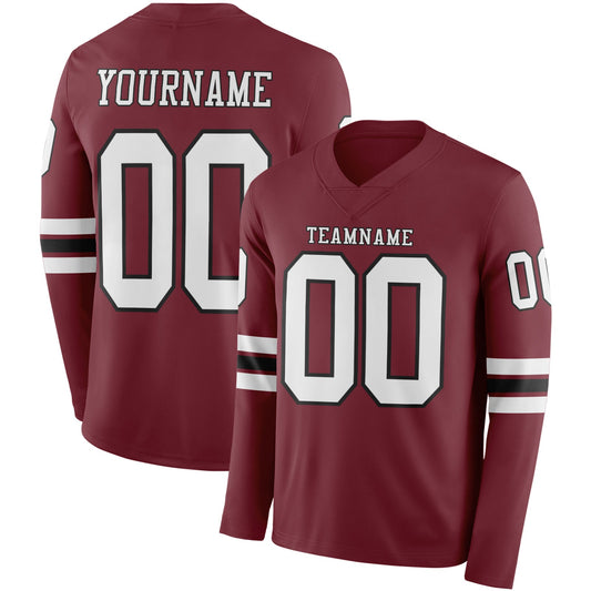 Custom Burgundy White-Black Long Sleeve Authentic Football Jersey - Main View