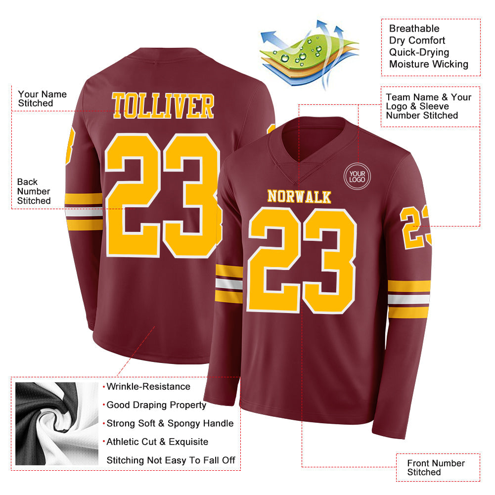 Custom Burgundy Gold-White Long Sleeve Authentic Football Jersey view 2