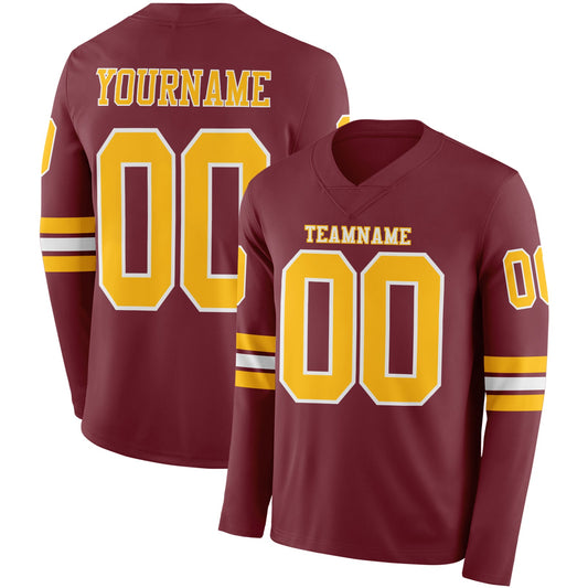 Custom Burgundy Gold-White Long Sleeve Authentic Football Jersey - Main View