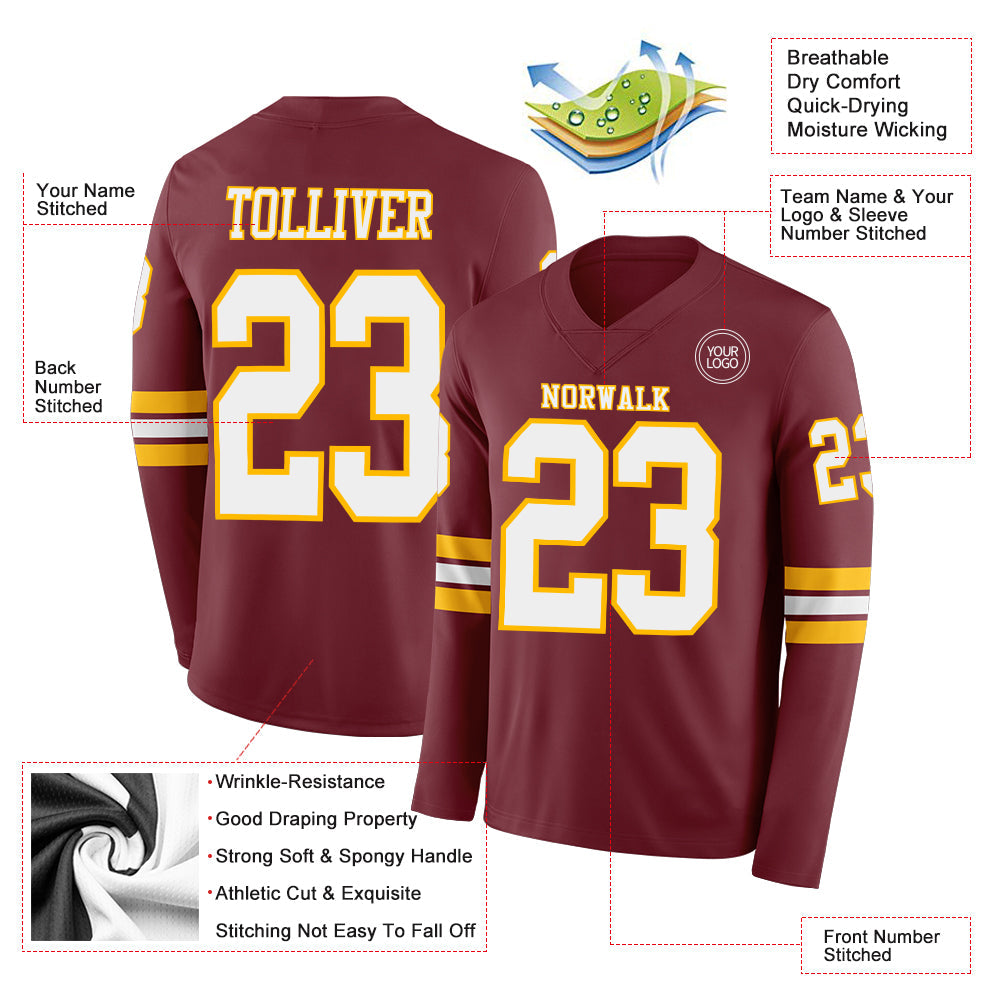 Custom Burgundy White-Gold Long Sleeve Authentic Football Jersey view 2
