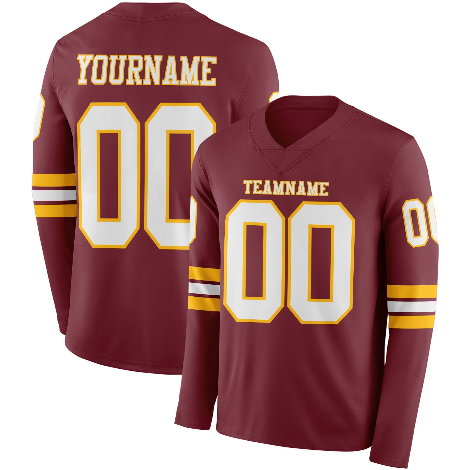 Custom Burgundy White-Gold Long Sleeve Authentic Football Jersey - Main View