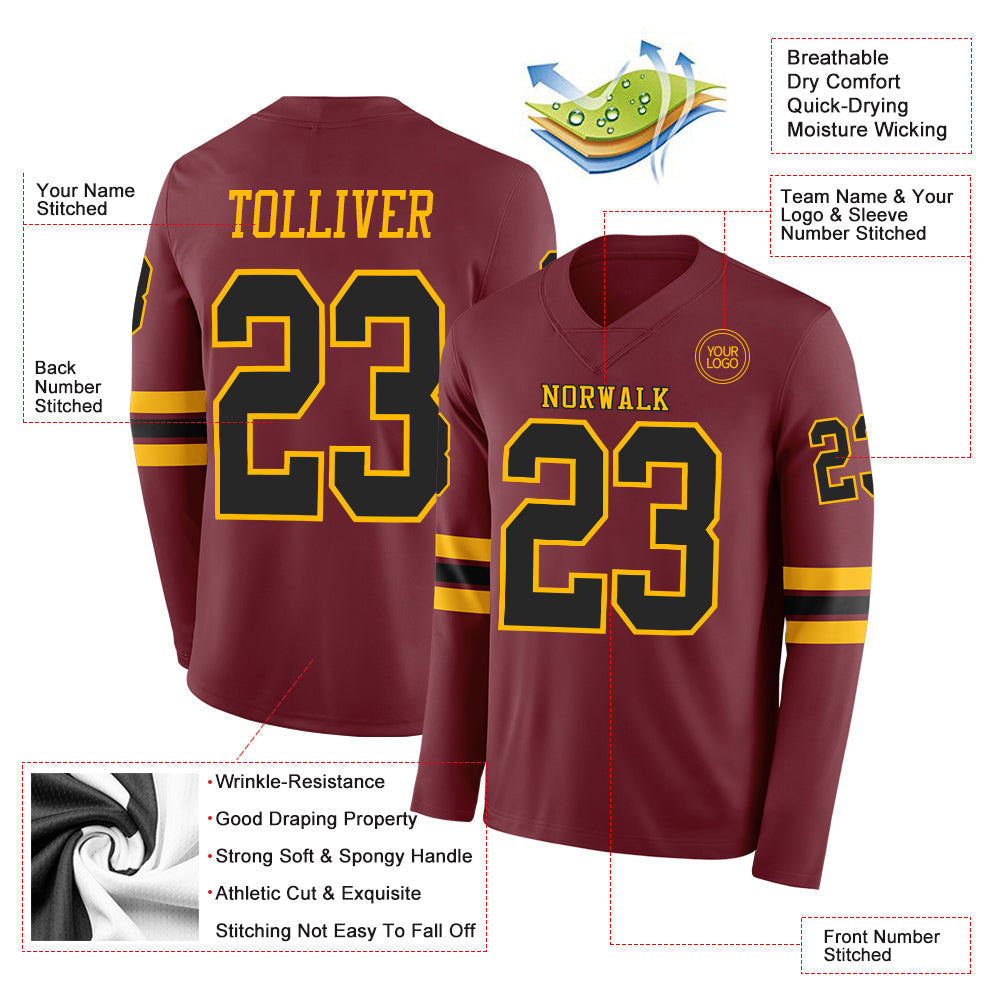 Custom Burgundy Black-Gold Long Sleeve Authentic Football Jersey view 2