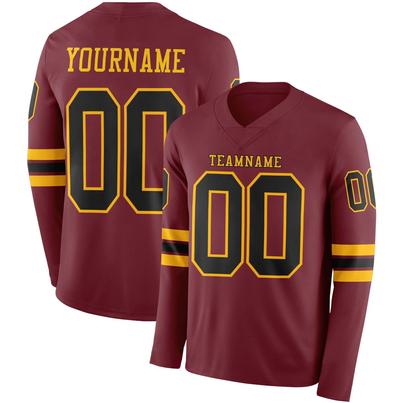 Custom Burgundy Black-Gold Long Sleeve Authentic Football Jersey - Main View