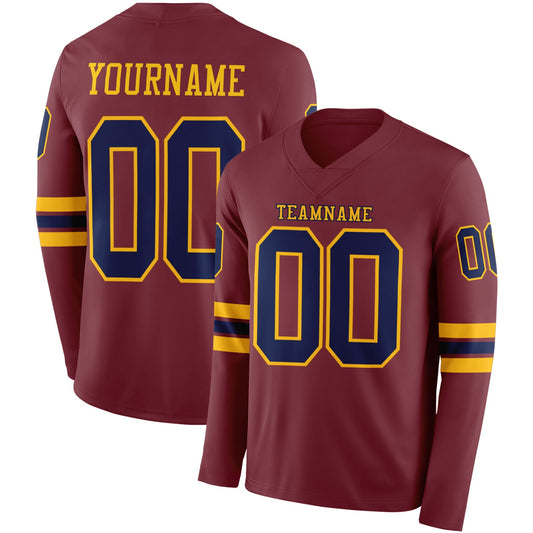 Custom Burgundy Navy-Gold Long Sleeve Authentic Football Jersey - Main View