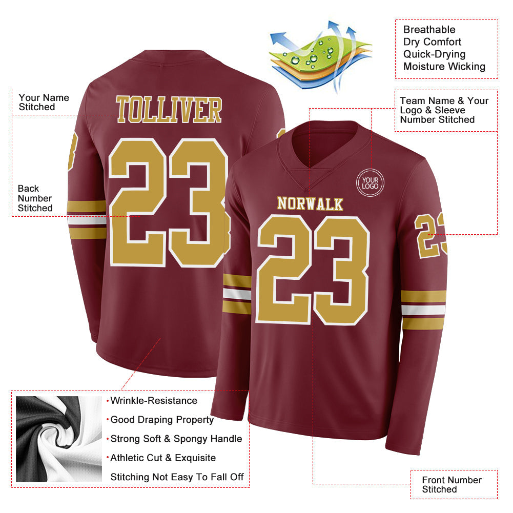 Custom Burgundy Old Gold-White Long Sleeve Authentic Football Jersey view 2