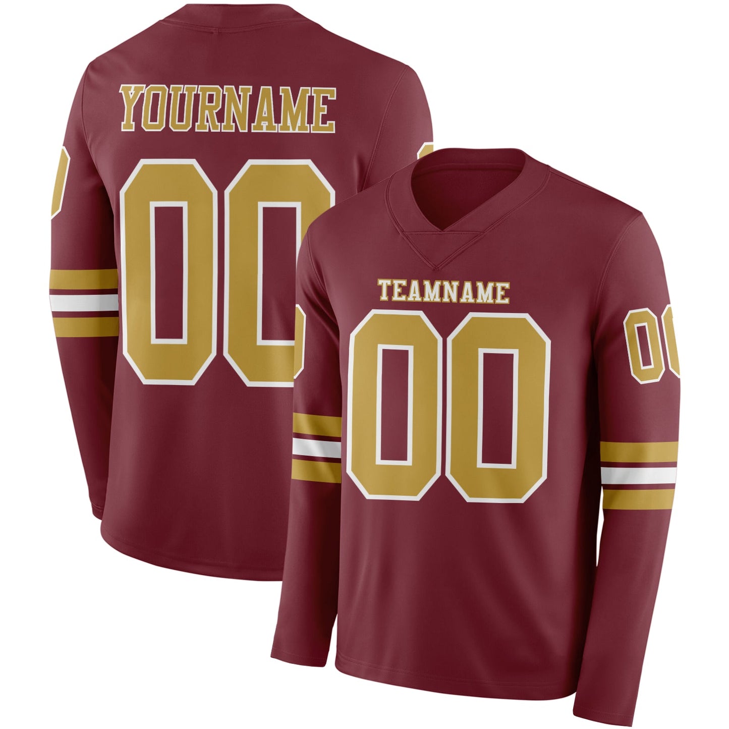 Custom Burgundy Old Gold-White Long Sleeve Authentic Football Jersey - Main View