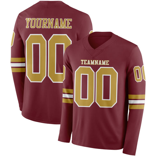 Custom Burgundy Old Gold-White Long Sleeve Authentic Football Jersey - Main View