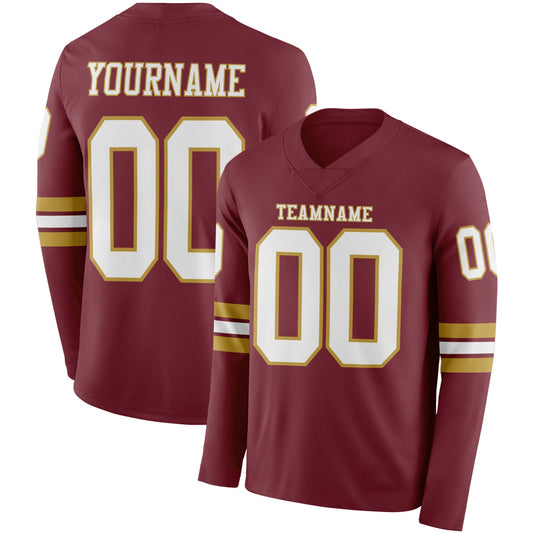 Custom Burgundy White-Old Gold Long Sleeve Authentic Football Jersey - Main View