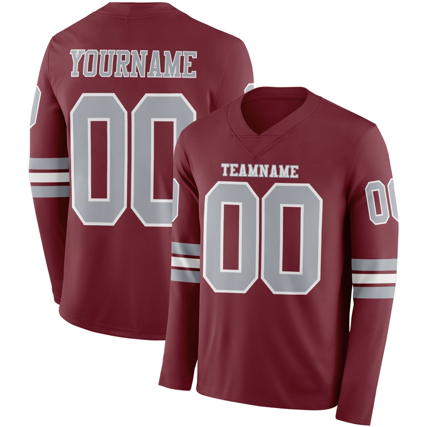 Custom Burgundy Gray-White Long Sleeve Authentic Football Jersey - Main View
