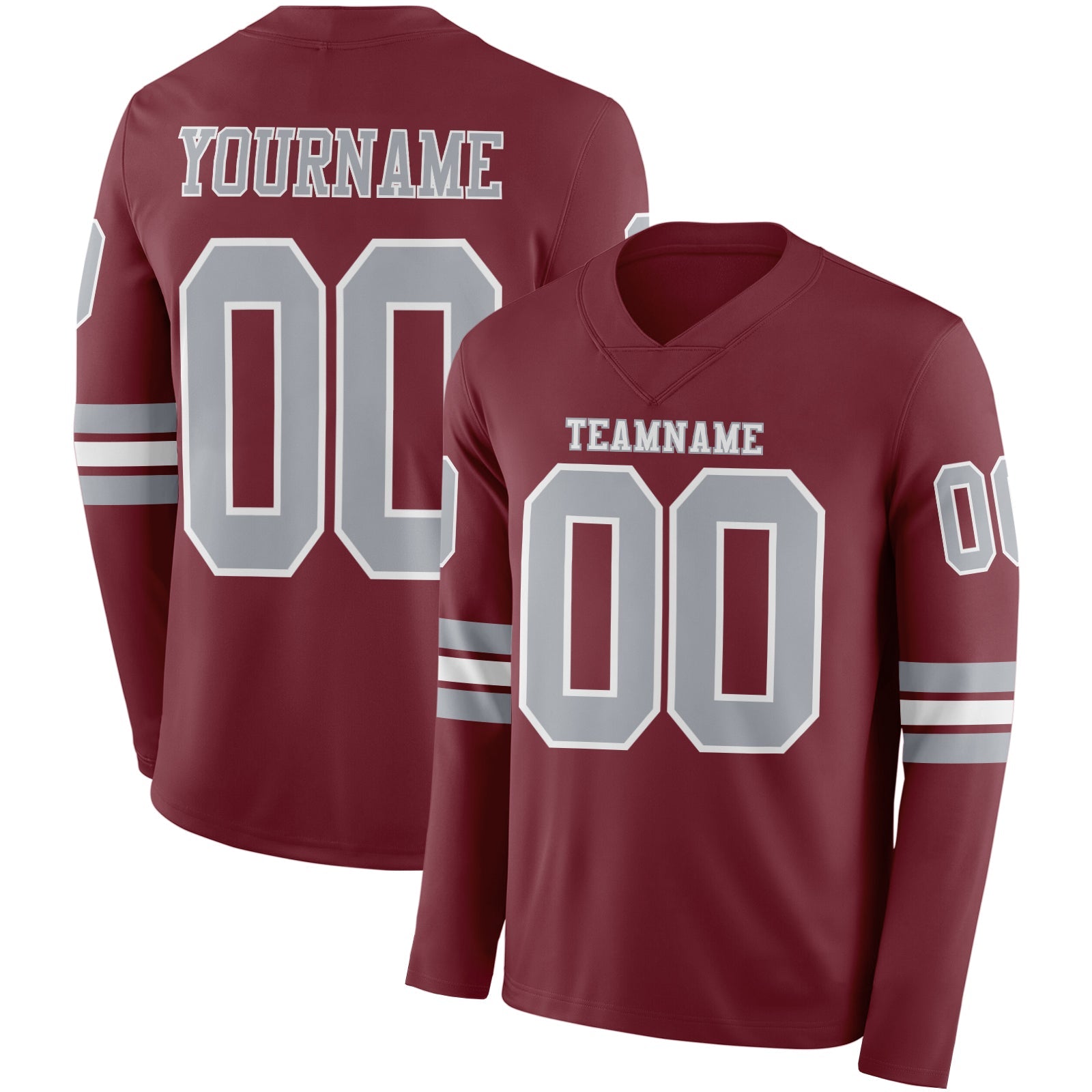 Custom Burgundy Gray-White Long Sleeve Authentic Football Jersey - Main View