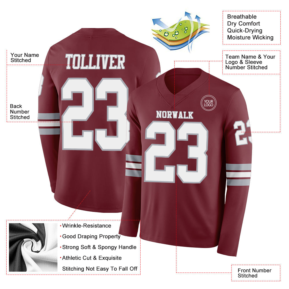 Custom Burgundy White-Gray Long Sleeve Authentic Football Jersey view 2