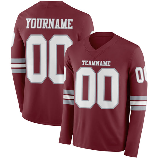 Custom Burgundy White-Gray Long Sleeve Authentic Football Jersey - Main View