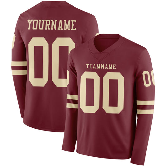 Custom Burgundy Cream Long Sleeve Authentic Football Jersey - Main View