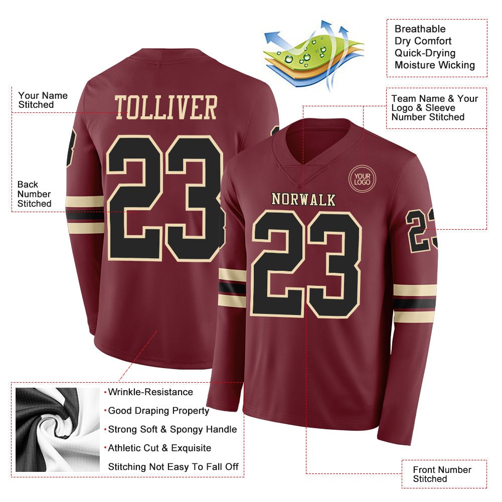 Custom Burgundy Black-Cream Long Sleeve Authentic Football Jersey view 2