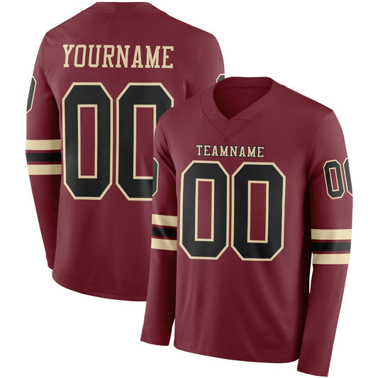 Custom Burgundy Black-Cream Long Sleeve Authentic Football Jersey - Main View