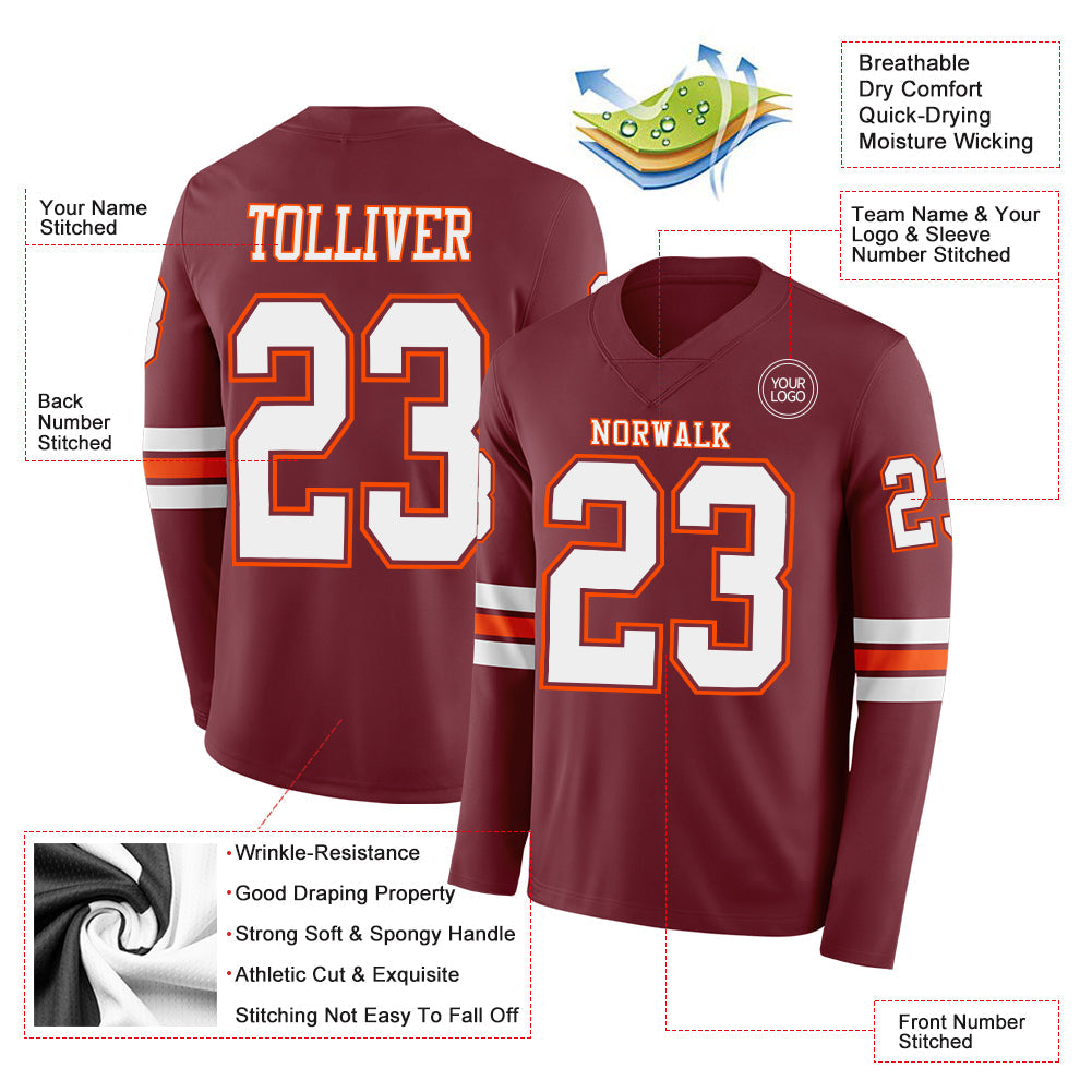 Custom Burgundy White-Orange Long Sleeve Authentic Football Jersey view 2
