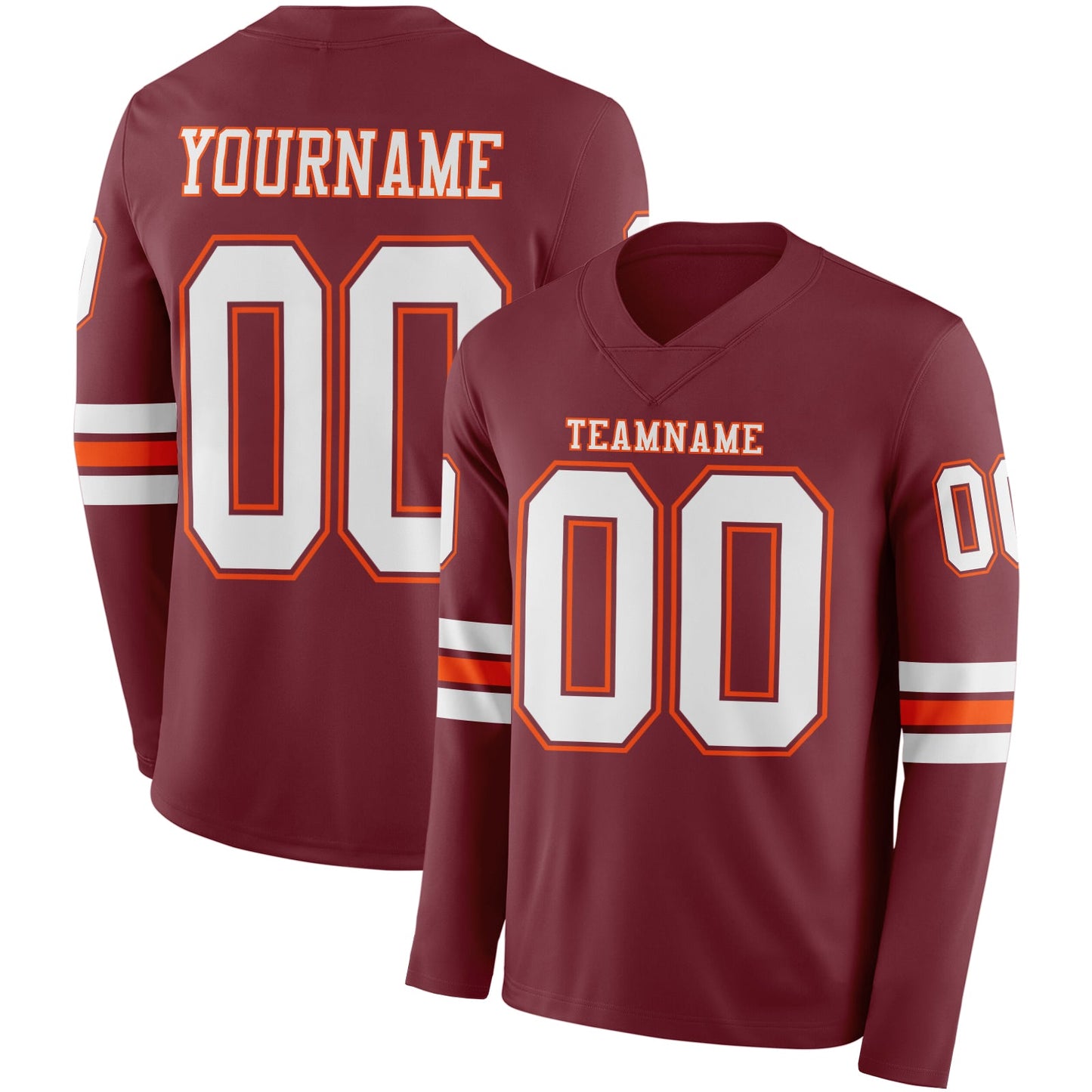 Custom Burgundy White-Orange Long Sleeve Authentic Football Jersey - Main View