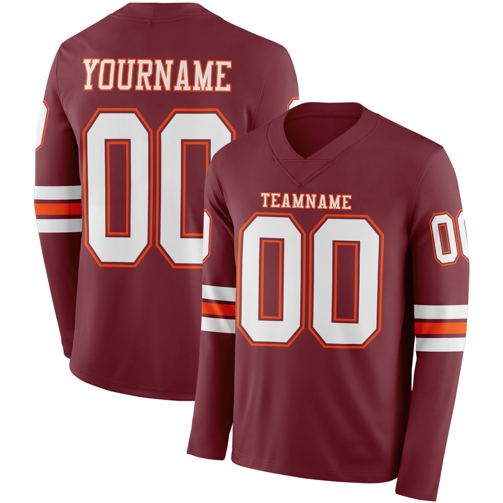 Custom Burgundy White-Orange Long Sleeve Authentic Football Jersey - Main View