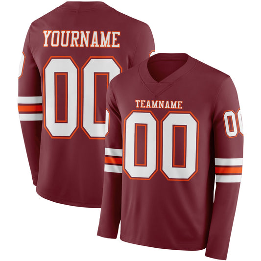 Custom Burgundy White-Orange Long Sleeve Authentic Football Jersey - Main View