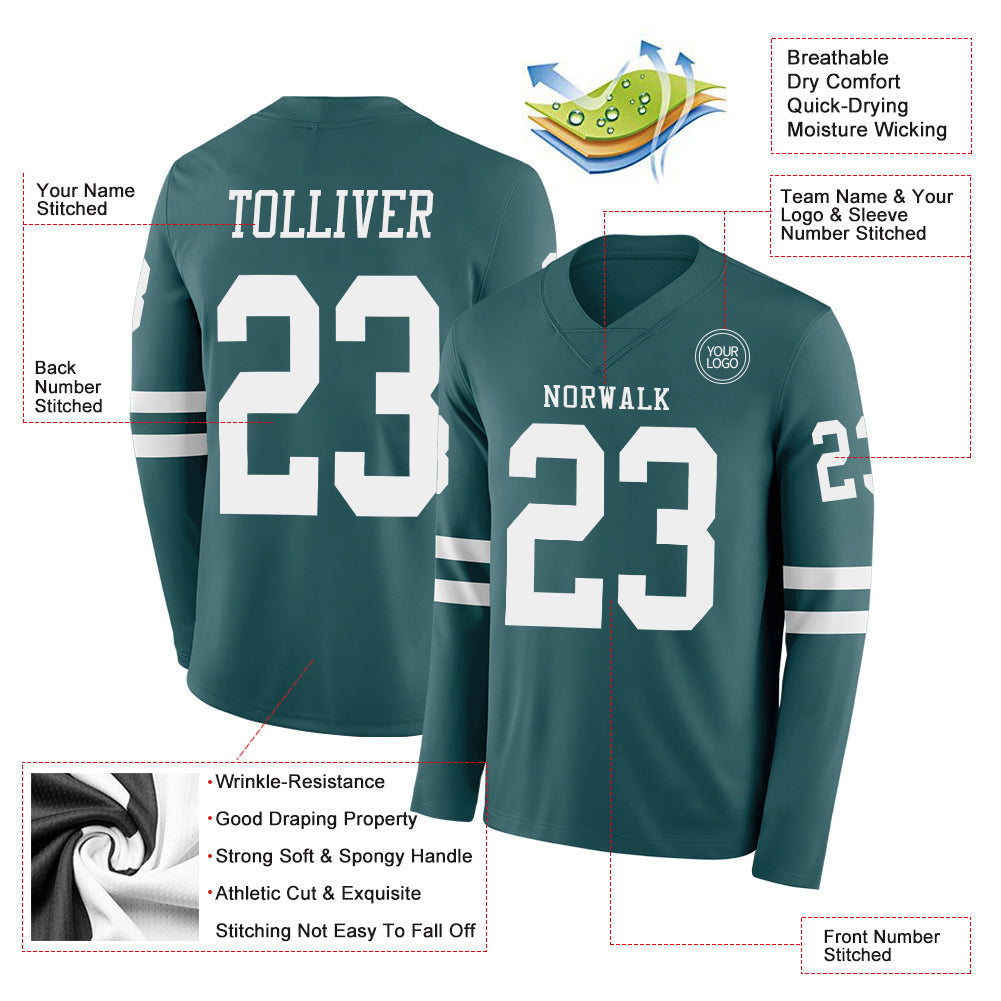 Custom Midnight Green White Long Sleeve Authentic Football Jersey view 2
