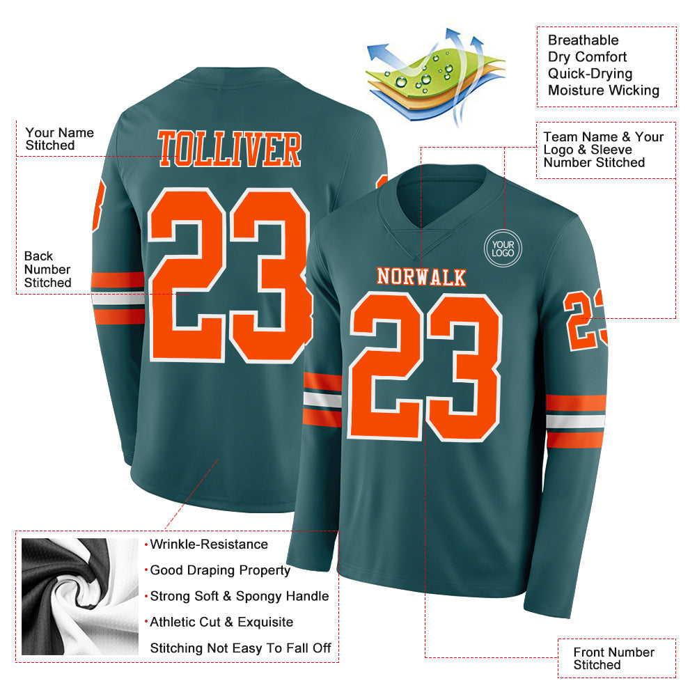 Custom Midnight Green Orange-White Long Sleeve Authentic Football Jersey view 2