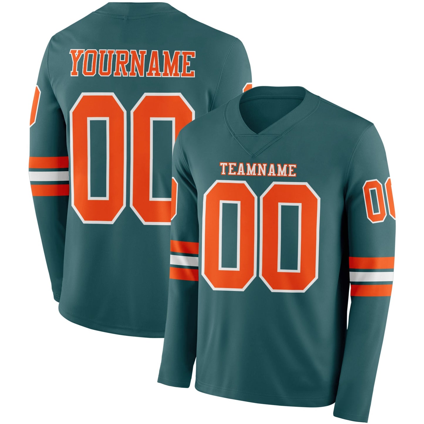Custom Midnight Green Orange-White Long Sleeve Authentic Football Jersey - Main View